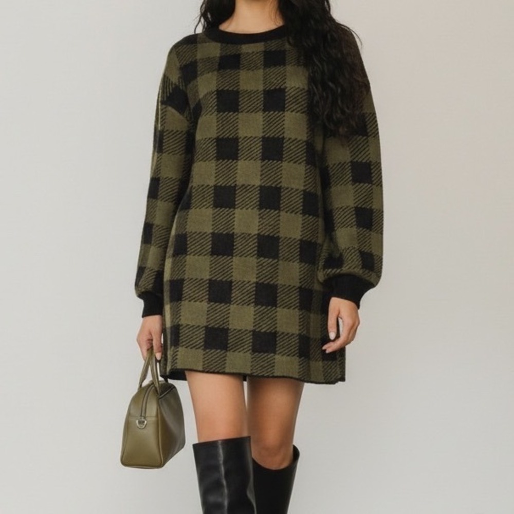 LPA Floyd Mini Sweater Dress Buffalo Plaid Balloon Sleeve Olive Revolve sz Small